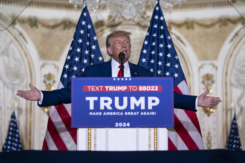 Former President Donald Trump speaks at his Mar-a-Lago estate Tuesday, April 4, 2023, in Palm Beach, Fla., after being arraigned earlier in the day in New York City. (AP Photo/Evan Vucci)