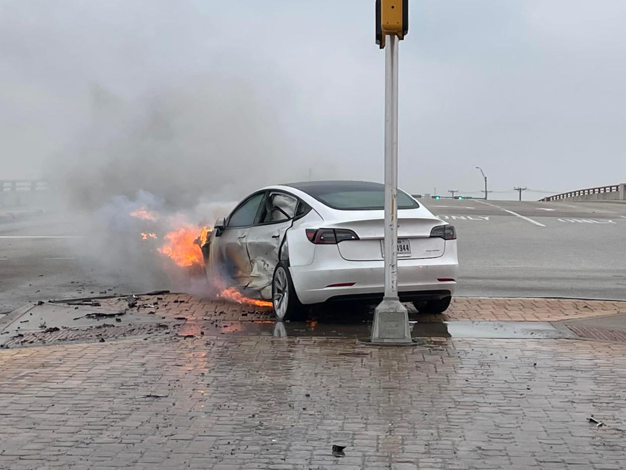 A wreck and fire involving an electric vehicle has forced the closure of Heatherwilde Boulevard at Texas 45 in Pflugerville, officials said.