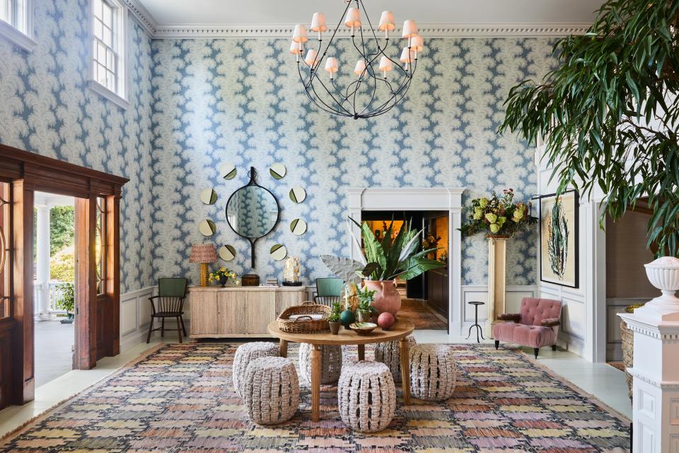 The new Celerie Kemble–designed lobby at the Mayflower Inn & Spa, Auberge Resorts Collection, in Washington, Connecticut.