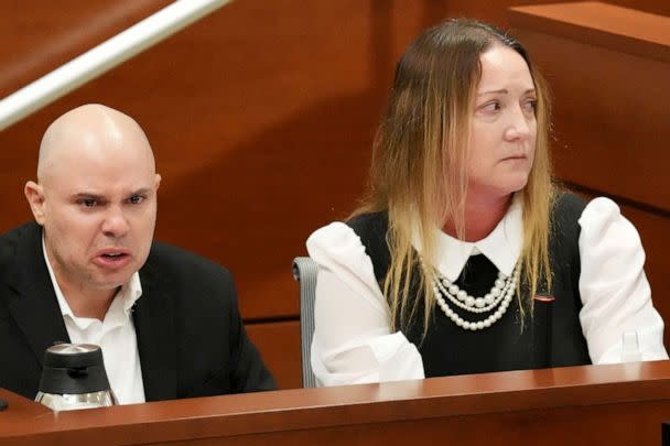 PHOTO: Lori Alhadeff looks towards the defendant as Ilan Alhadeff speaks angrily while giving his victim impact statement at the Broward County Courthouse in Fort Lauderdale, Aug. 2, 2022. (Amy Beth Bennett/AP)