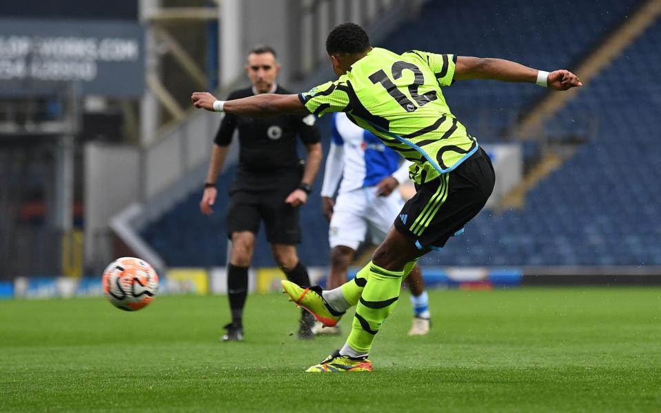 Jurrien Timber scoring for Arsenal's Under-21s at Blackburn