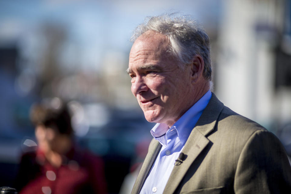 U.S. Sen. Tim Kaine, D-Va., announces that he is seeking reelection, Friday, Jan. 20, 2023, in Richmond, Va. (AP Photo/John C. Clark)