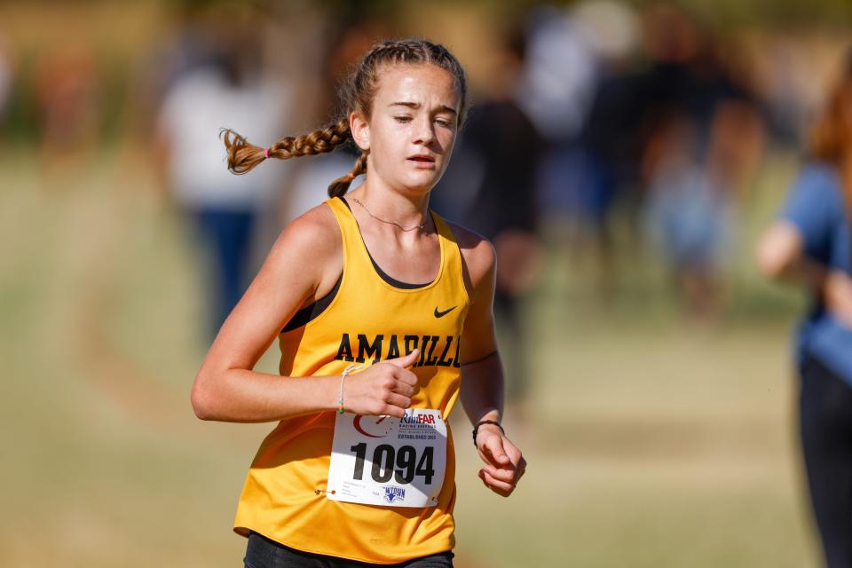 Amarillo’s Emma Milsow runs during the Lubbock ISD Cross Country Invite on Saturday, Sept. 25, 2021 at Mae Simmons Park in Lubbock, Texas.