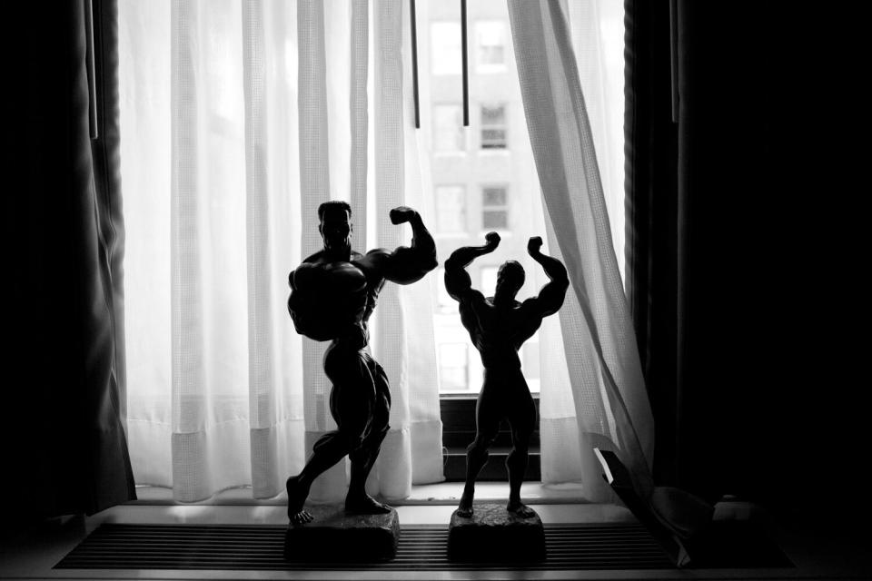 Bodybuilding trophies inside Nick Scott's hotel room.