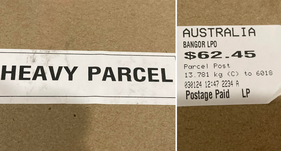 A heavy sticker on the parcel (left) and another sticker showing that the box weighed 13.781 kilograms. 