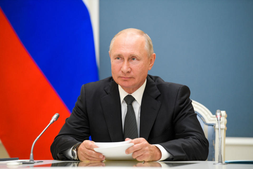 Russia's President Vladimir Putin attends via video link the inauguration ceremonies for new medical centres built by Russia's Defence Ministry in Dagestan, Voronezh Region, and Penza Region. 