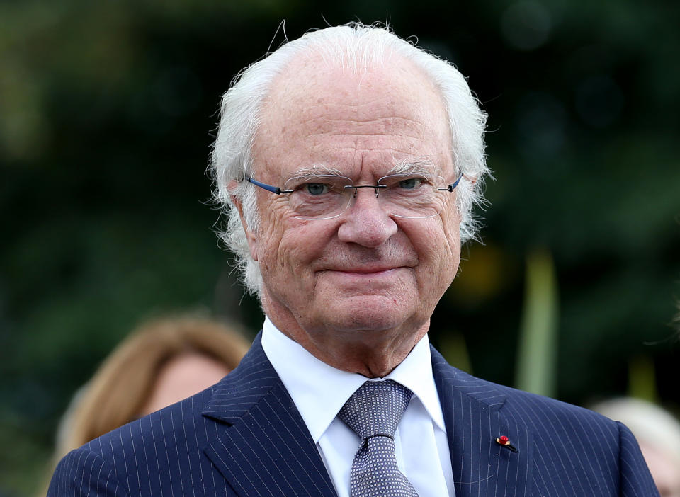 Sweden's King Carl XVI Gustaf is pictured during a visit at the Beaumont house in Pau, southwestern France, Monday, Oct.8, 2018. (AP Photo/Bob Edme)
