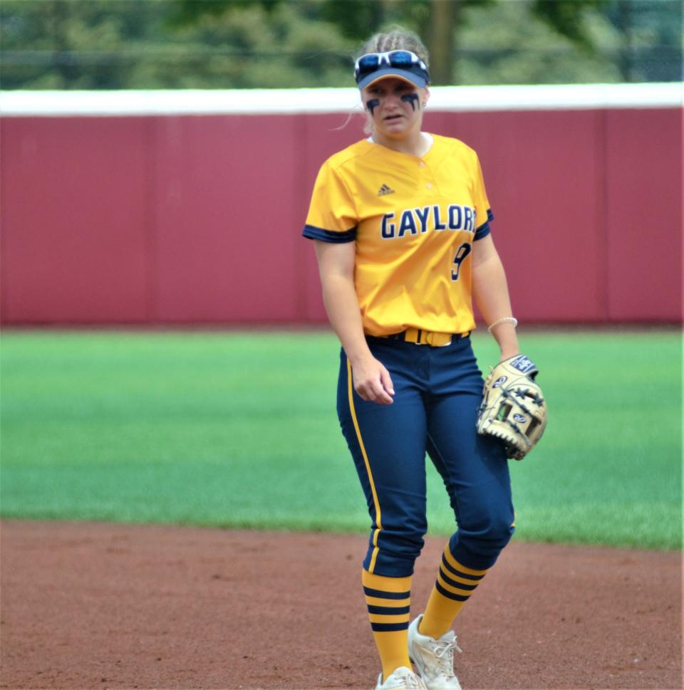 Alexis Shepherd sets at second base during an MHSAA Division 2 softball state quarterfinal matchup between Gaylord and Hudsonville Unity Christian on Tuesday, June 13 at Margo Jonker Stadium on the campus of Central Michigan University, Mount Pleasant, Mich.