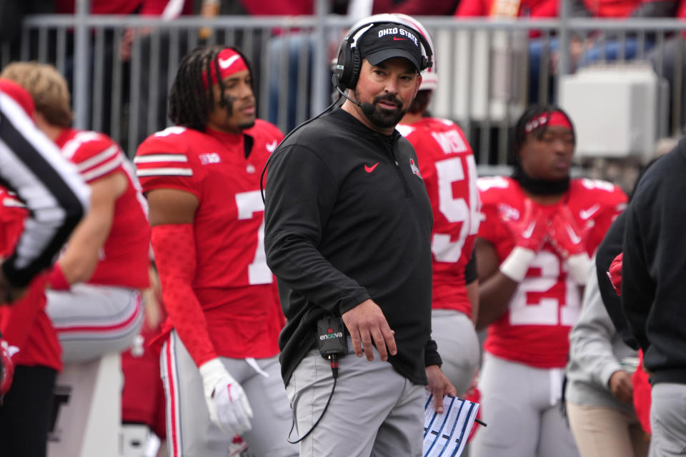 COLUMBUS, OH - OCTOBER 21: Head coach Ryan Day of the Ohio State Buckeyes looks on during the game against the Penn State Nittany Lionsat Ohio Stadium in Columbus, Ohio on October 21, 2023. (Photo by Jason Mowry/Icon Sportswire via Getty Images)