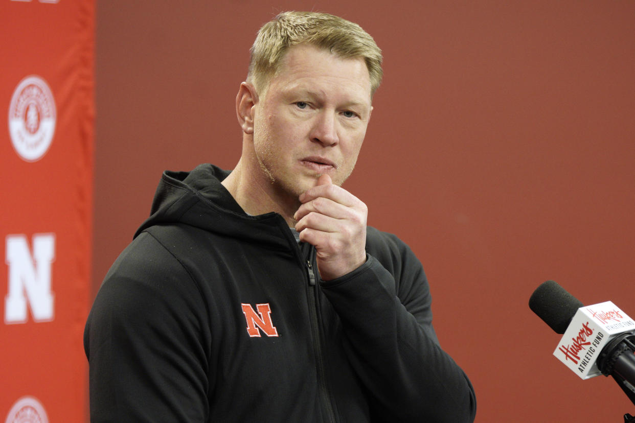 FILE - Nebraska head coach Scott Frost listens to a question during a news conference on the first day of NCAA college football spring practice in Lincoln, Neb., in this Monday, March 9, 2020, file photo. The Huskers are on their longest streak of losing seasons (four) since the six in a row from 1956-61.  (AP Photo/Nati Harnik, File)