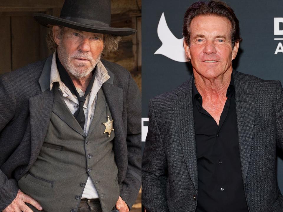 Dennis Quaid on "Lawmen: Bass Reeves," left; right, in 2023.