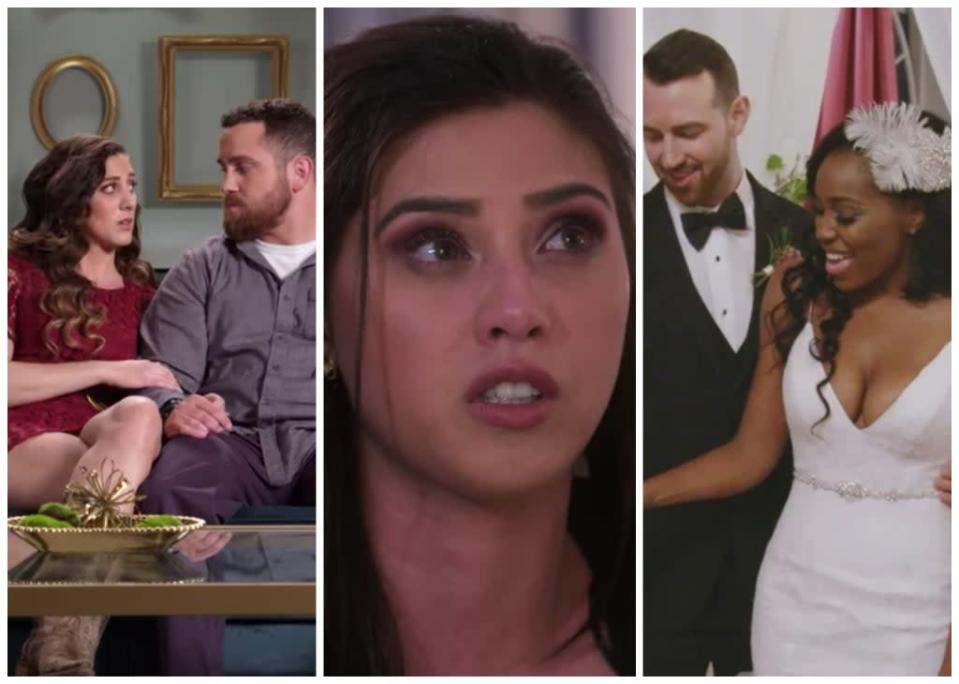 L-R: Scenes from Marriage or Mortgage?, The Ultimatum, and Love is Blind (Netflix)