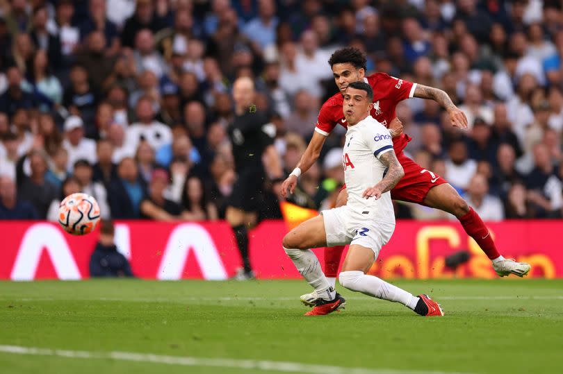 Luis Díaz of Liverpool scores a goal, incorrectly ruled offside and disallowed during the Premier League match between Tottenham Hotspur and Liverpool FC at Tottenham Hotspur Stadium on September 30, 2023 in London, England.