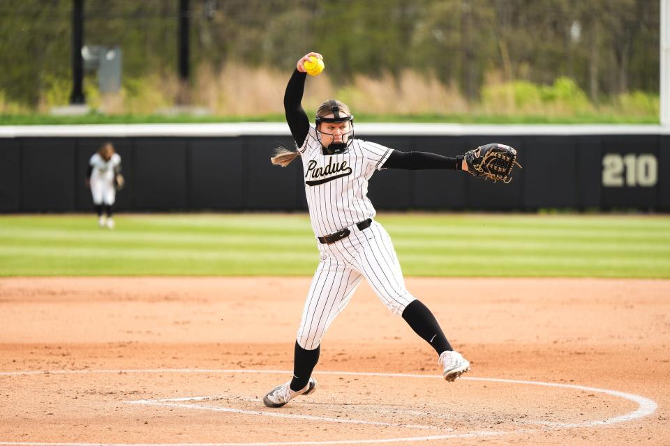 Julia Gossett gets set to throw a pitch for the Purdue softball team in 2024.