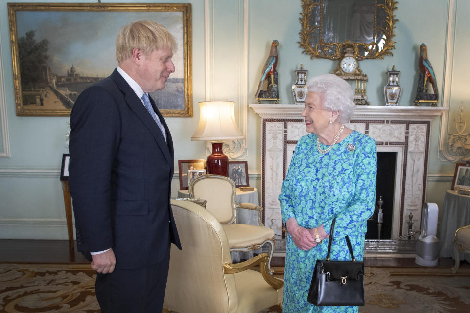 Queen Elizabeth II welcome Boris Johnson to an audience in Buckingham Palace