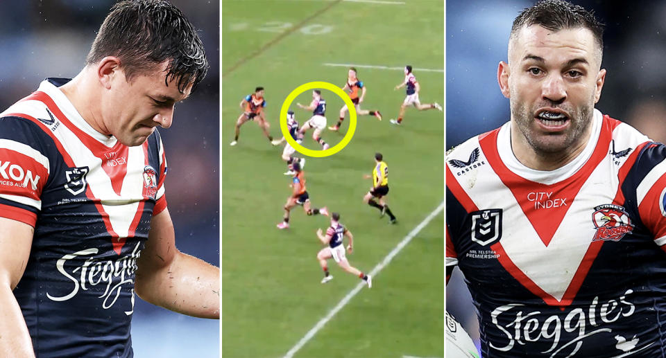 Joey Manu and James Tedesco in action for the Roosters.