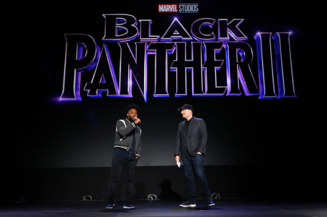 ANAHEIM, CALIFORNIA - AUGUST 24: (L-R) Ryan Coogler of 'Black Panther 2' and President of Marvel Studios Kevin Feige took part today in the Walt Disney Studios presentation at Disneyâs D23 EXPO 2019 in Anaheim, Calif.  'Black Panther 2' will be released in U.S. theaters on May 6, 2020. (Photo by Jesse Grant/Getty Images for Disney)