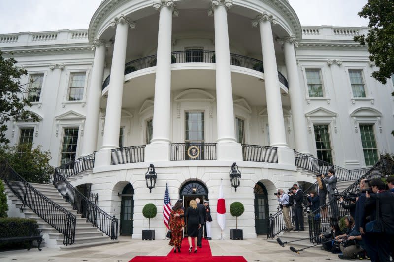 President Joe Biden and first lady Jill Biden escort Prime Minister of Japan Fumio Kishida and his wife, Yuko Kishida, into the White House in Washington, D.C., on Tuesday, April 9, 2024. Photo by Bonnie Cash/UPI