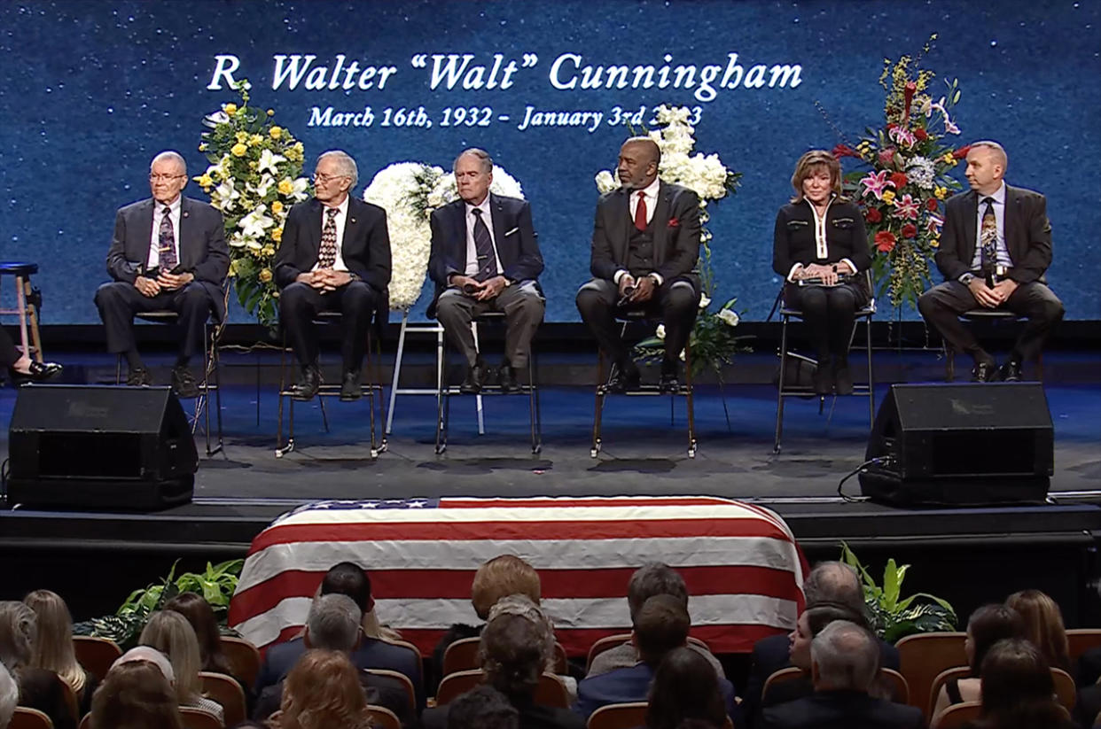  Apollo 13 pilot Fred Haise, Apollo 16 moonwalker Charlie Duke and STS-1 pilot Bob Crippen joined fellow astronauts Bernard Harris, Anna Fisher and Randy Bresnik for a panel in memory of Apollo 7 pilot Walt Cunningham on Tuesday, Jan. 24, 2023. 