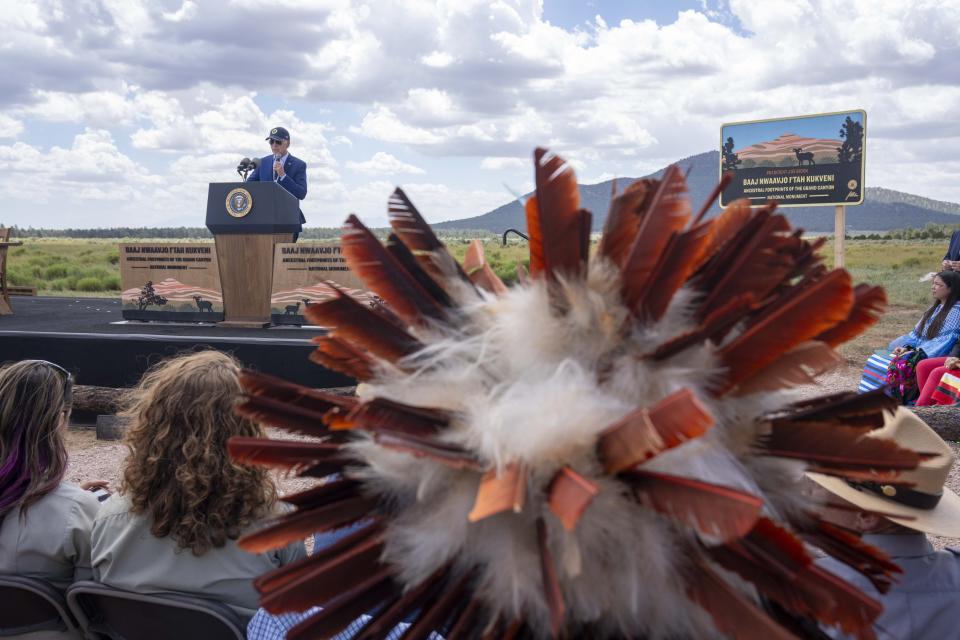 President Joe Biden speaks before signing a proclamation designating the Baaj Nwaavjo I'Tah Kukveni National Monument at the Red Butte Airfield Tuesday, Aug. 8, 2023, in Tusayan, Ariz. (AP Photo/Alex Brandon)