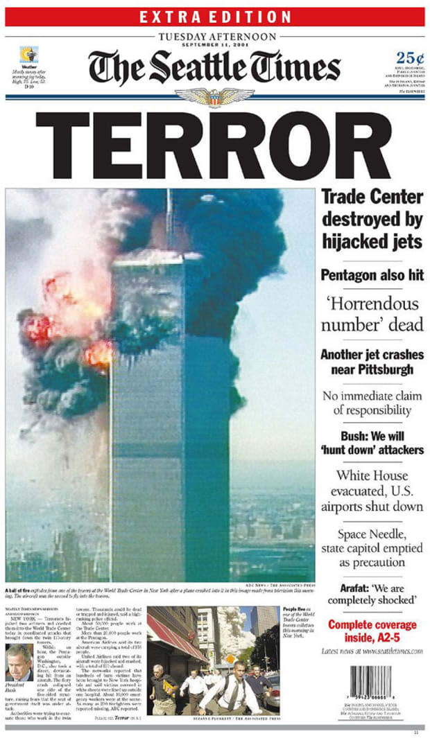 <p>"Terror: Trade Center destroyed by hijacked jets"</p>