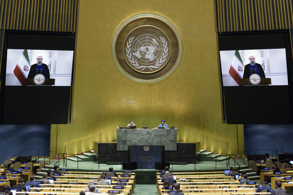 In this photo provided by the United Nations, President, Islamic Republic of Iran Hassan Rouhani's pre-recorded message is played during the 75th session of the United Nations General Assembly, Tuesday, Sept. 22, 2020, at U.N. headquarters. Protests against racial injustice aren't just part of the United States' national conversation. America's foes have taken note too, using the demonstrations and images of police violence to criticize the country at the U.N. General Assembly this year. (Manuel Elias/UN Photo via AP)