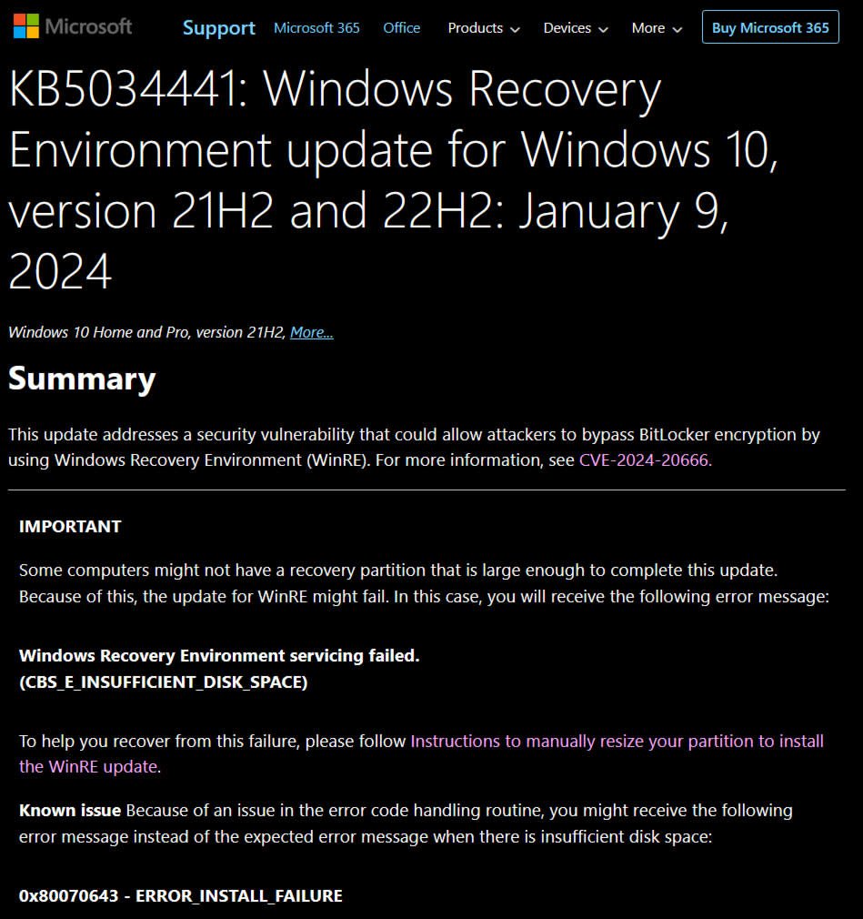 Microsoft KB5034441 Windows 10 security patch for BitLocker bypass is leading to errors and has 