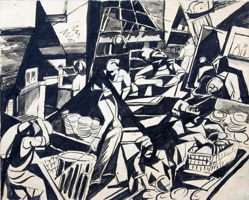 See “Witness to Wartime: The Painted Diary of Takuichi Fujii” at Morikami Museum and Japanese Gardens. The show includes this abstract ink piece by Fujii depicting the mess hall at Minidoka War Relocation Center in Idaho, from the collection of Sandy and Terry Kita.