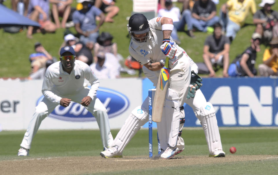 New Zealand’s Brendon McCullum bats against India on the third day of the second cricket test at Basin Reserve in Wellington, New Zealand, Sunday, Feb. 16, 2014. (AP Photo/SNPA, Ross Setford) NEW ZEALAND OUT