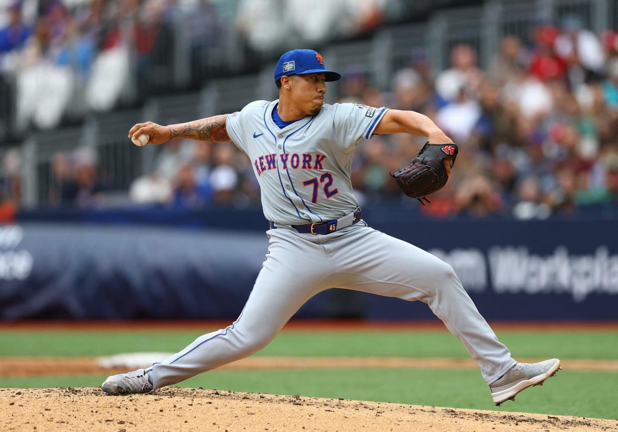 New York Mets pitcher Dedniel Nunez throws against the Philadelphia Phillies during a London Series baseball game on June 9, 2024, at Queen Elizabeth Olympic Park.