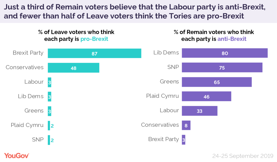 The YouGov poll tracked how Remain and Leave voters viewed the main parties' Brexit policies. (YouGov)