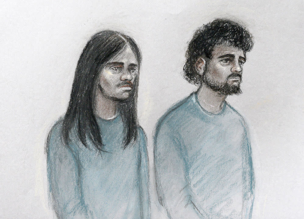 A sketch of Naa’imur Zakariyah Rahman (left) and Mohammed Aqib Imran in the dock last year (Picture: PA)