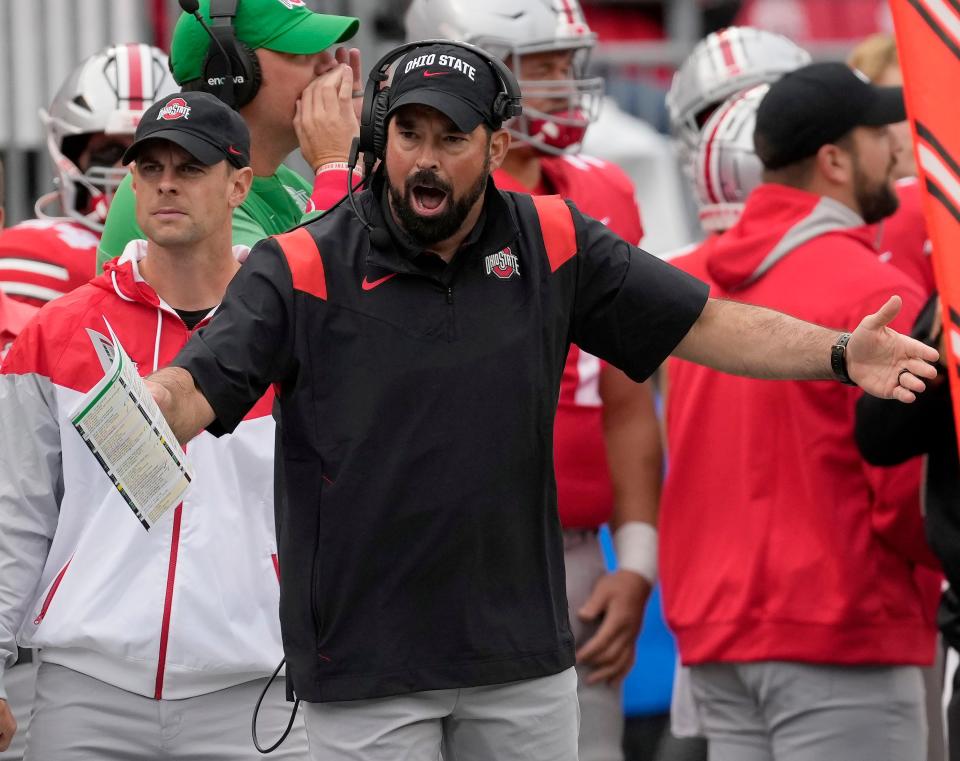 Oct. 1, 2022; Columbus, Ohio, USA; Ohio State Buckeyes head coach Ryan Day reacts to a call during the first half of Saturday's game against the Rutgers Scarlet Knights in Columbus. Mandatory Credit: Barbara Perenic/Columbus Dispatch

Sports Ohio State Rutgers Ncaa Football