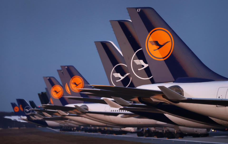 Planes of German carrier Lufthansa a parked on a closed runway at the airport in Frankfurt, Germany, March 23, 2020, as the spread of the coronavirus disease (COVID-19) continues.   REUTERS/Kai Pfaffenbach