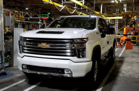 FILE PHOTO: A Chevrolet 2020 heavy-duty pickup truck is seen at the General Motors Flint Assembly Plant in Flint