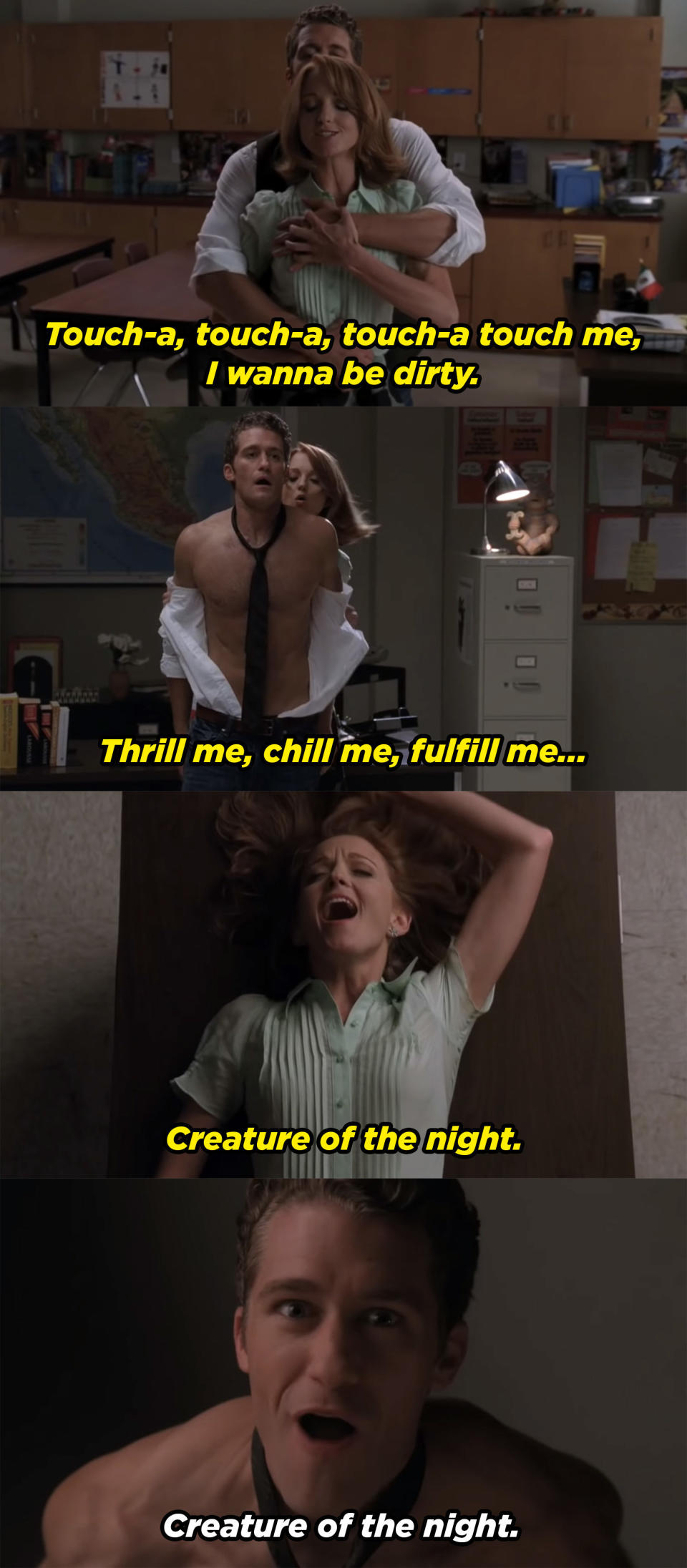 Emma rips off Mr. Schue's shirt as they sing "Touch-a Touch-a Touch Me"