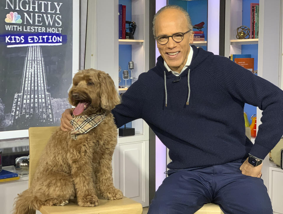 <p>Lester Holt's dog Lucy joins him for an episode of NBC's <em>Nightly News: Kids Edition </em>in N.Y.C.</p>