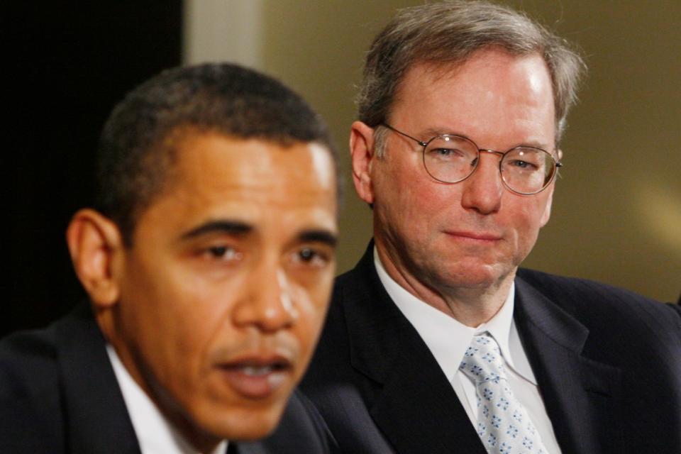 Former Google Chair and Chief Executive Officer Eric Schmidt looks on as President Barack Obama meets with business leaders to discuss the economy, Wednesday, Jan. 28, 2009.