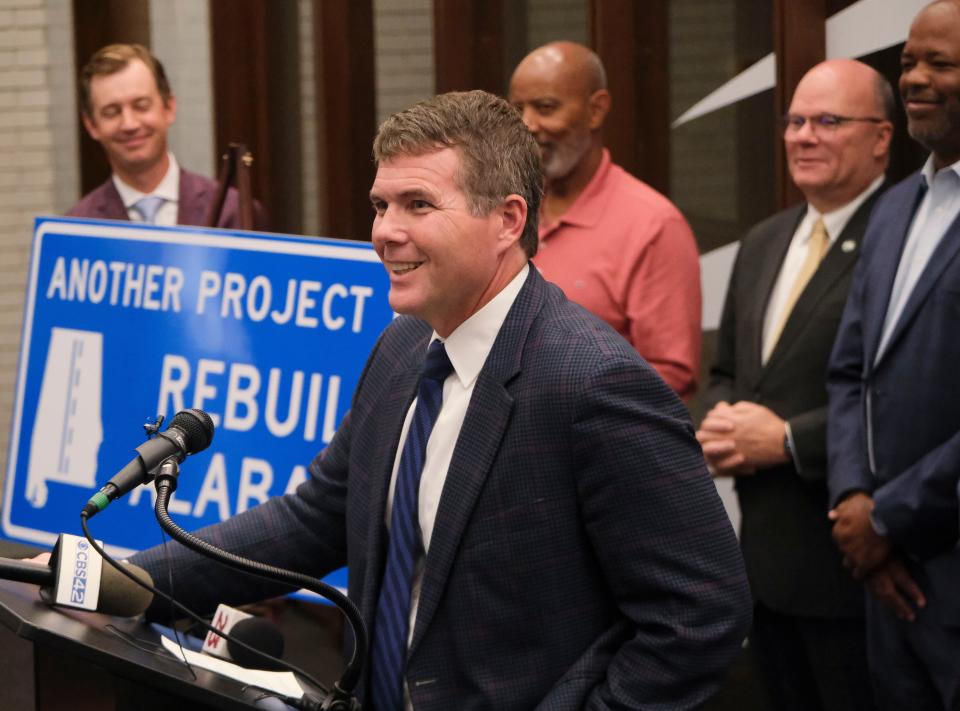 Mayor Walt Maddox talks during a press conference where elected officials advocate for the construction of the West Alabama Highway at the Chamber of Commerce of West Alabama Thursday, Oct. 19, 2023 in Tuscaloosa.
