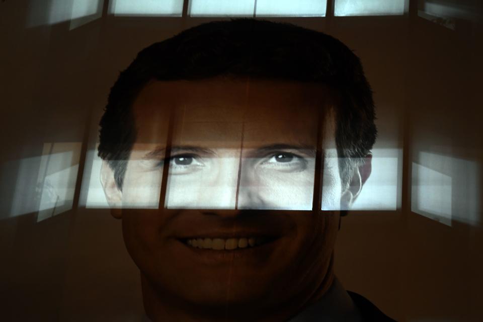 A big banner depicting Spanish conservative People’s Party (PP) leader and candidate for prime minister Pablo Casado hangs on the party’s headquarters facade after Spain held general elections on April 28, 2019. Photo: GABRIEL BOUYS/AFP/Getty Images