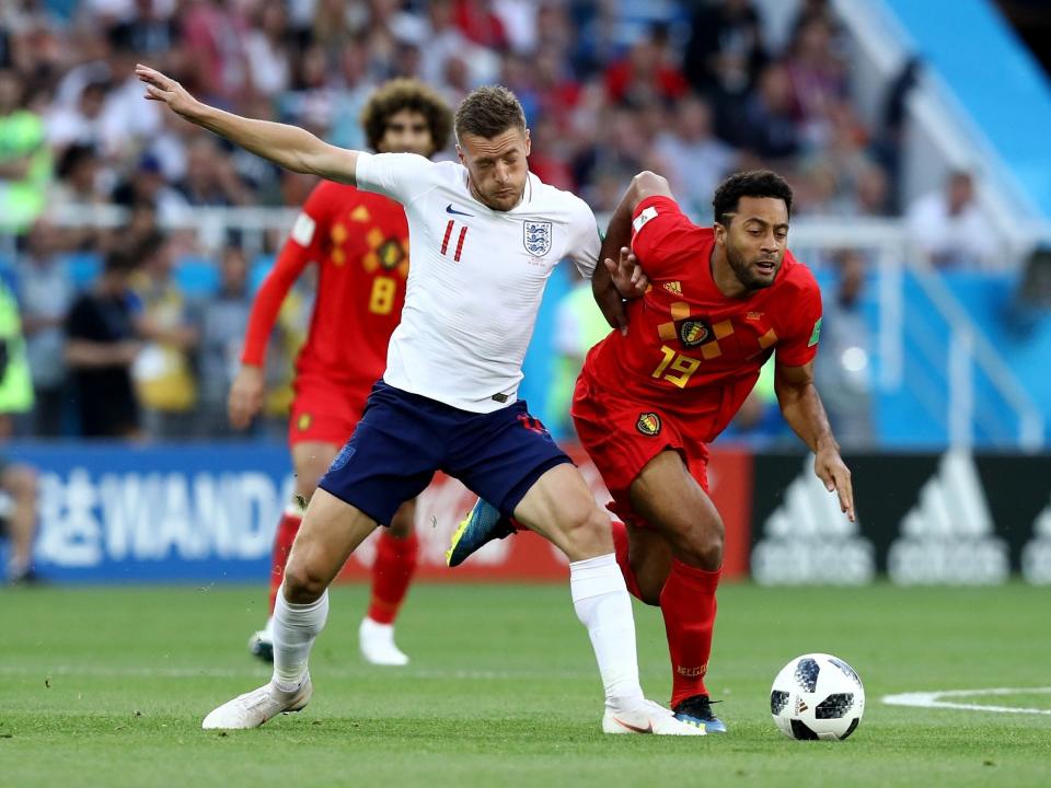 <p>Jamie Vardy attempts to make an impression on his first start of the tournament </p>