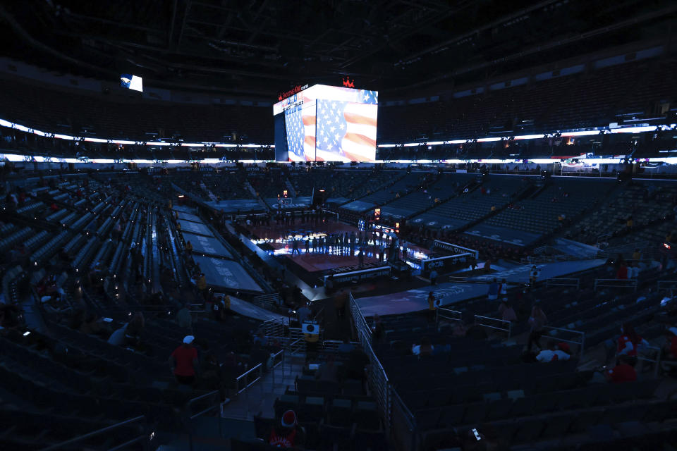 A general view of the New Orleans Pelicans court during the national anthem prior to an NBA game against the Oklahoma City Thunder in New Orleans, Wednesday, Jan. 6, 2021. 