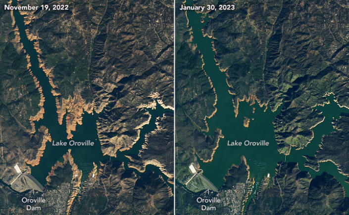 Lake Oroville before and after December's heavy rainstorms. NASA