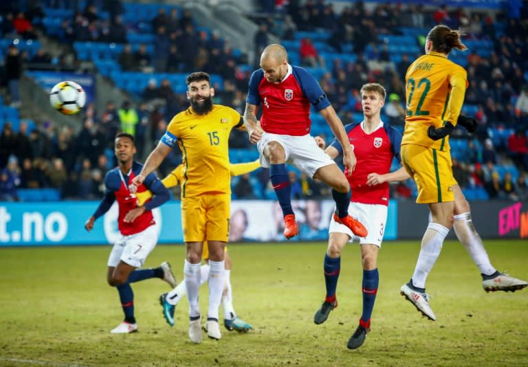 Norway beat Australia 4-1 on Friday with Tore Reginiussen seen here getting the go ahead goal