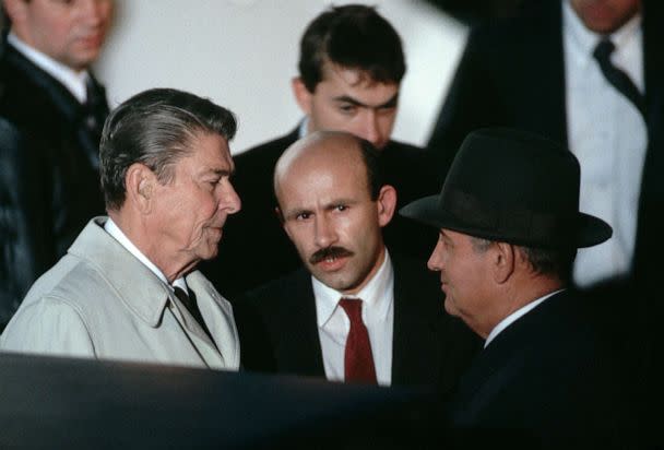 PHOTO: Soviet leader Mikhail Gorbachev and President Ronald Reagan face each other at the end of their 1987 summit meeting in Reykjavik, Iceland, Oct. 12, 1986. (Wally McNamee/Corbis via Getty Images)