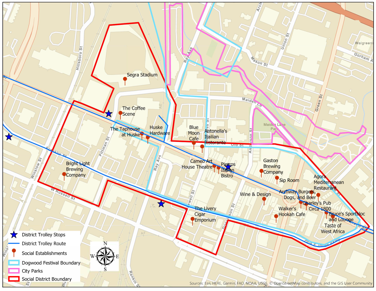 The red line on this map of downtown Fayetteville shows the boundary of a proposed "social district" where people would be allowed to move about and drink alcoholic beverages on the sidewalks and streets, without staying in a bar or restaurant.