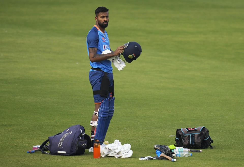 Indian cricket player Hardik Pandya attends a practice session before their third one day international cricket match against New Zealand in Indore, India, Monday, Jan. 23, 2023. (AP Photo/Rajanish Kakade)