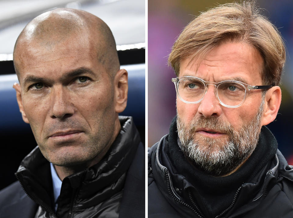 Real Madrid manager Zinedine Zidane and Liverpool boss Jurgen Klopp will square off in the 2018 Champions League final. (Getty)