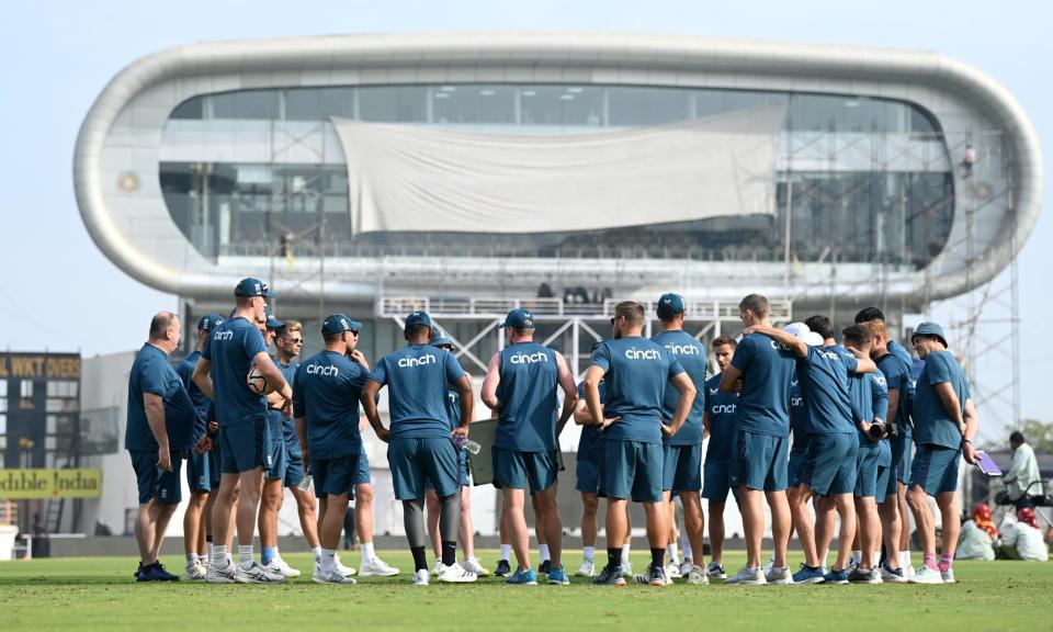 <span>England huddle before a nets session in Rajkot, in preparation for the third Test against India.</span><span>Photograph: Gareth Copley/Getty Images</span>