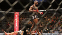 Ovince St-Preux celebrates after knocking out T.J. Cook during the Strikeforce event at Valley View Casino Center on August 18, 2012, in San Diego California. (Credit: Tracy Lee)